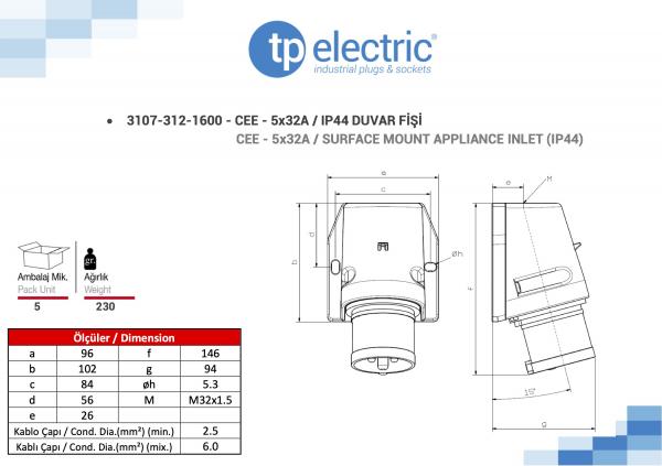 CEE Wandstecker 5P 32A 6h IP44